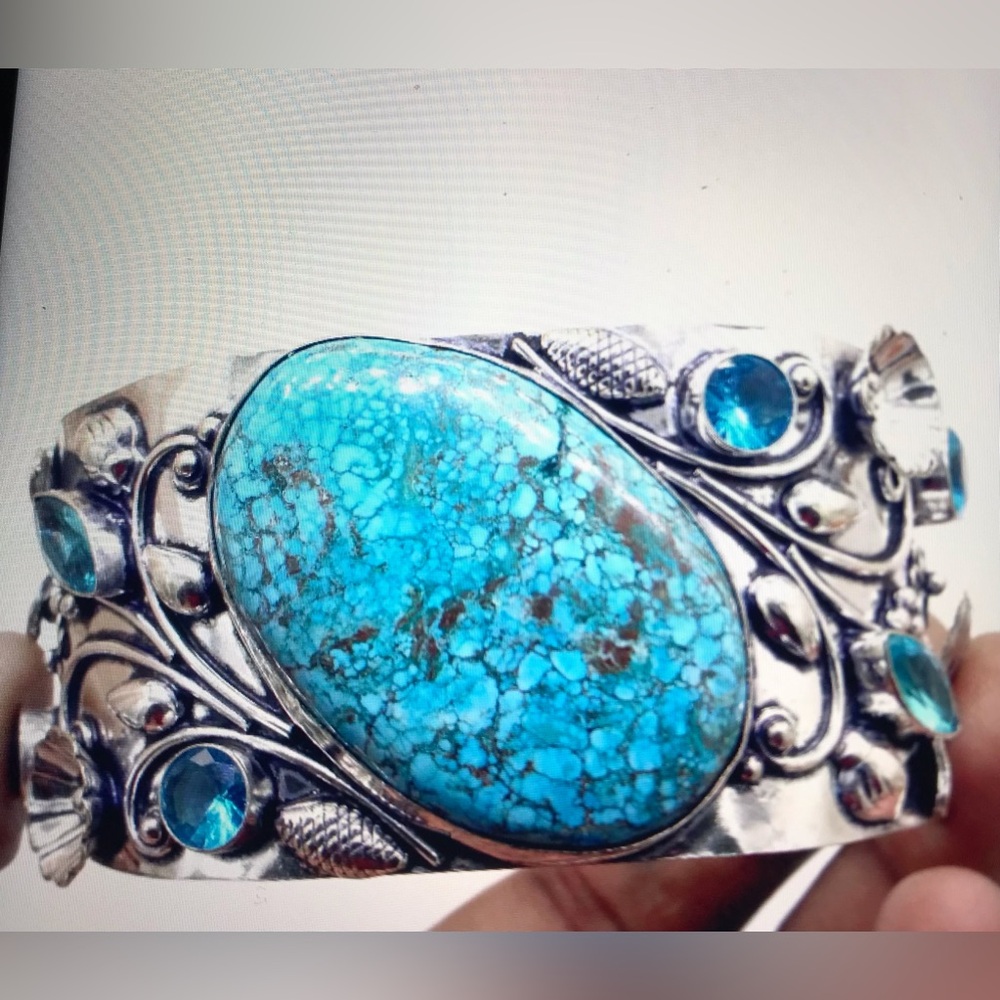 Turquoise Blue Topaz Stamped 925 Sterling Silver Cuff Bracelet